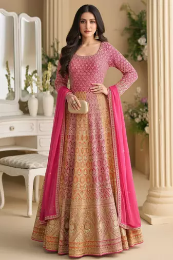 Luxury pink embroidered faux georgette anarkali free size stiched kurta set with dupatta for women