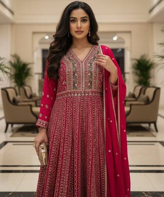 Elegant dark pink heavy georgette anarkali free size stiched kurta with dupatta for women 4