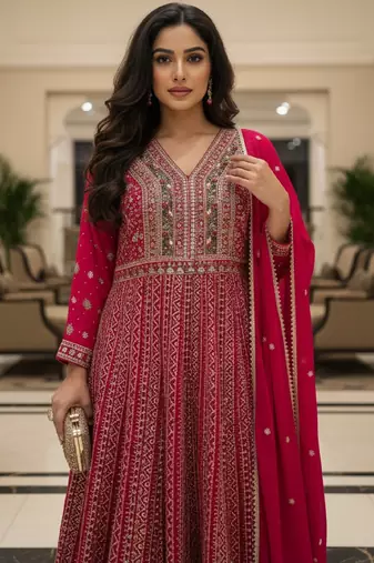 Elegant dark pink heavy georgette anarkali free size stiched kurta with dupatta for women