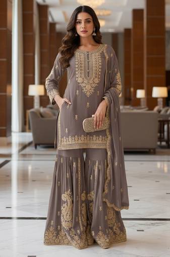 Grey embroidered chanderi free size stiched kurta sharara set with dupatta for women