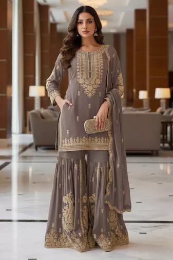 Grey embroidered chanderi free size stiched kurta sharara set with dupatta for women