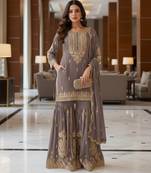 Grey embroidered chanderi free size stiched kurta sharara set with dupatta for women
