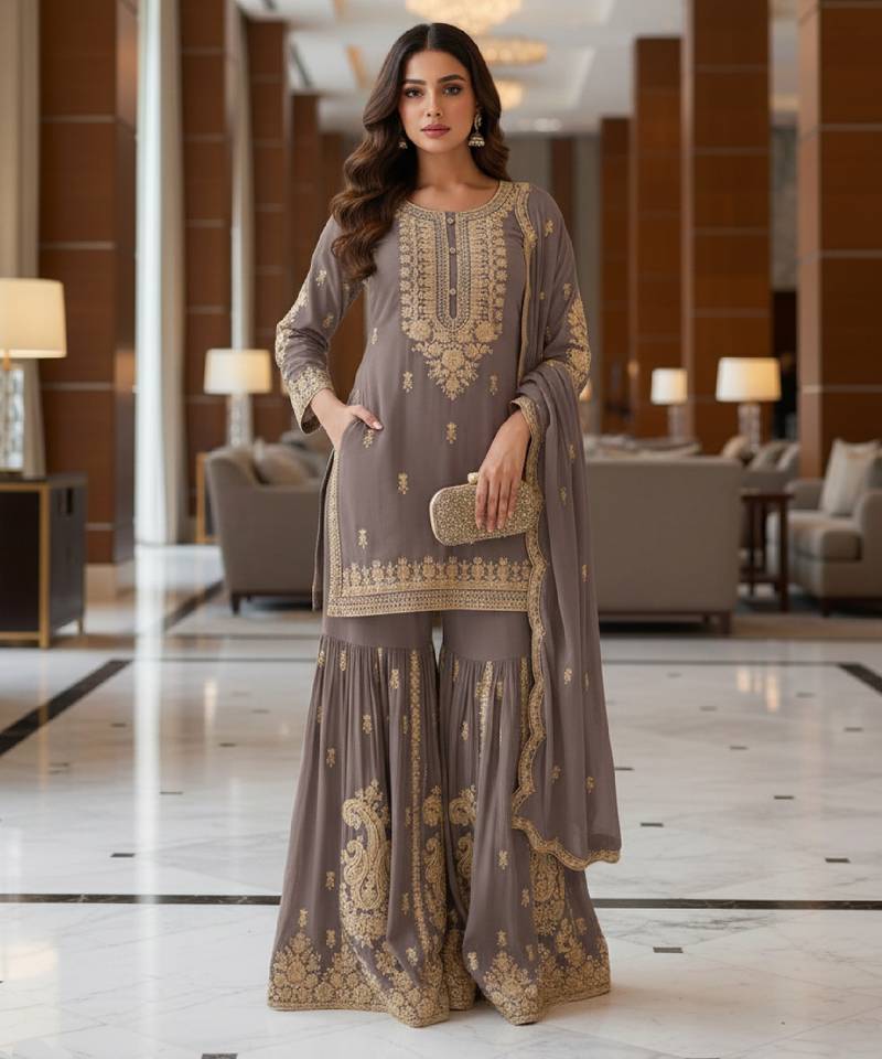 Grey embroidered chanderi free size stiched kurta sharara set with dupatta for women