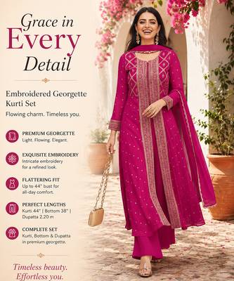 Pink printed flared georgette free size stiched kurta palazzo set with dupatta for women 2
