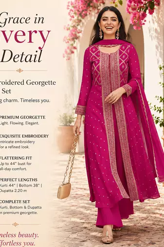 Pink printed flared georgette free size stiched kurta palazzo set with dupatta for women