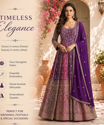 Luxury purple embroidered faux georgette anarkali free size stiched kurta set with dupatta for women 2