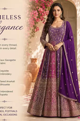 Luxury purple embroidered faux georgette anarkali free size stiched kurta set with dupatta for women