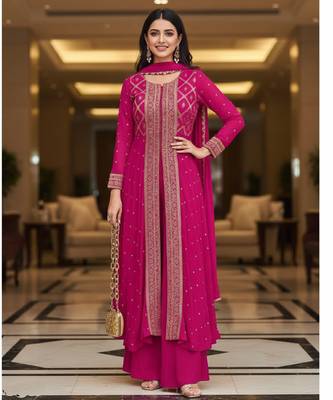 Pink printed flared georgette free size stiched kurta palazzo set with dupatta for women 3