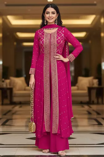 Pink printed flared georgette free size stiched kurta palazzo set with dupatta for women