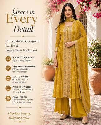 Yellow printed flared georgette free size stiched kurta palazzo set with dupatta for women 2