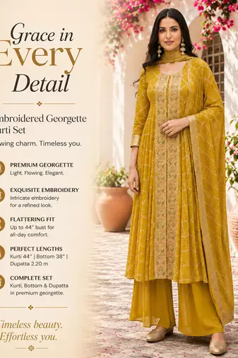 Yellow printed flared georgette free size stiched kurta palazzo set with dupatta for women