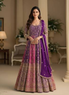 Luxury purple embroidered faux georgette anarkali free size stiched kurta set with dupatta for women 3