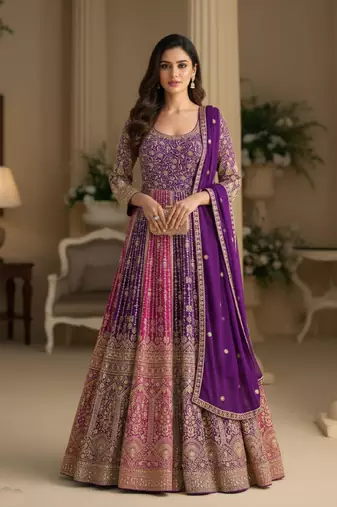 Luxury purple embroidered faux georgette anarkali free size stiched kurta set with dupatta for women