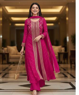 Pink printed flared georgette free size stiched kurta palazzo set with dupatta for women 4
