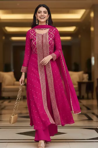 Pink printed flared georgette free size stiched kurta palazzo set with dupatta for women
