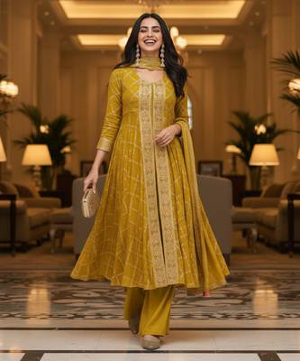 Yellow printed flared georgette free size stiched kurta palazzo set with dupatta for women 3