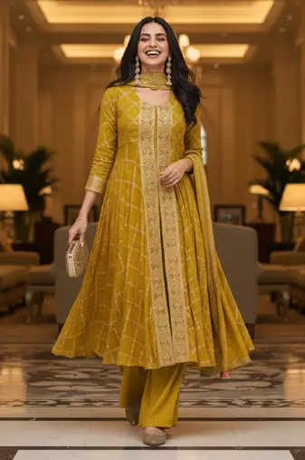 Yellow printed flared georgette free size stiched kurta palazzo set with dupatta for women
