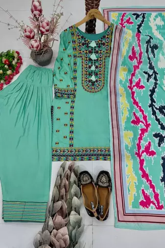 Heavy natural silk palazzo set with embroidery & digital dupatta