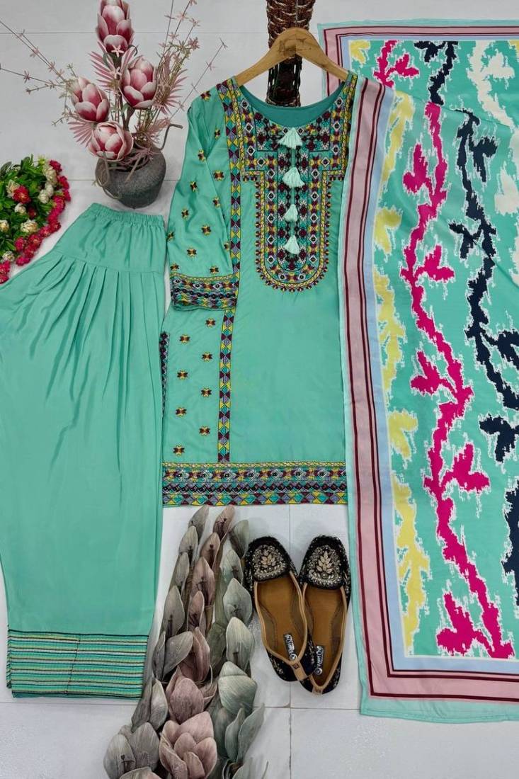 Heavy natural silk palazzo set with embroidery & digital dupatta