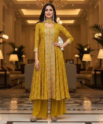 Yellow printed flared georgette free size stiched kurta palazzo set with dupatta for women 4