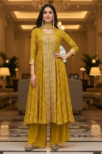 Yellow printed flared georgette free size stiched kurta palazzo set with dupatta for women