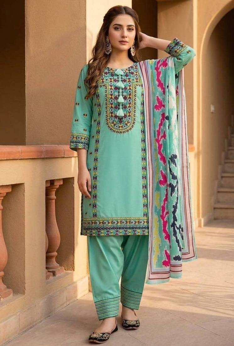 Heavy natural silk palazzo set with embroidery & digital dupatta