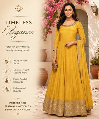 Yellow embroidered heavy viscose anarkali free size stiched kurta set with dupatta for women 2
