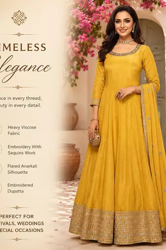 Yellow embroidered heavy viscose anarkali free size stiched kurta set with dupatta for women
