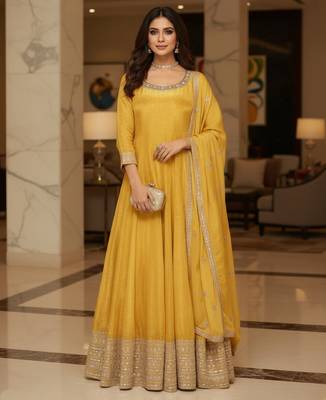 Yellow embroidered heavy viscose anarkali free size stiched kurta set with dupatta for women 3