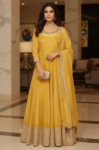 Yellow embroidered heavy viscose anarkali free size stiched kurta set with dupatta for women