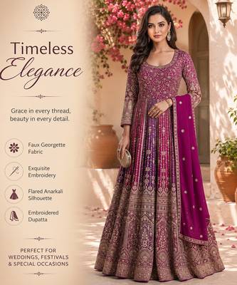 Luxury magenta embroidered faux georgette anarkali free size stiched kurta set with dupatta for women 2