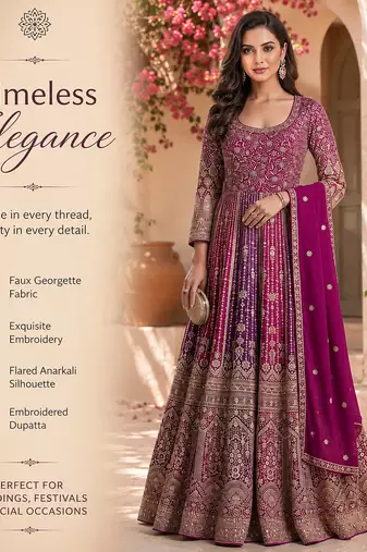 Luxury magenta embroidered faux georgette anarkali free size stiched kurta set with dupatta for women