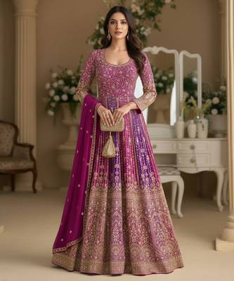 Luxury magenta embroidered faux georgette anarkali free size stiched kurta set with dupatta for women 3