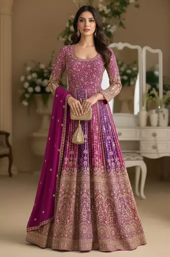 Luxury magenta embroidered faux georgette anarkali free size stiched kurta set with dupatta for women