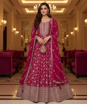 Dark pink embroidered heavy viscose anarkali free size stiched kurta set with dupatta for women 1