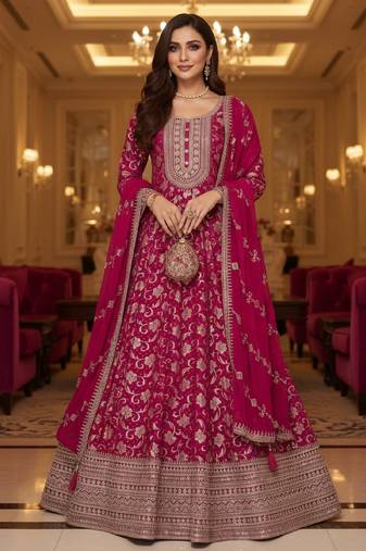 Dark pink embroidered heavy viscose anarkali free size stiched kurta set with dupatta for women