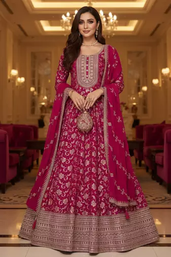 Dark pink embroidered heavy viscose anarkali free size stiched kurta set with dupatta for women