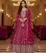Dark pink embroidered heavy viscose anarkali free size stiched kurta set with dupatta for women