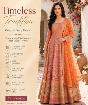 Luxury orange embroidered faux georgette anarkali free size stiched kurta set with dupatta for women 2