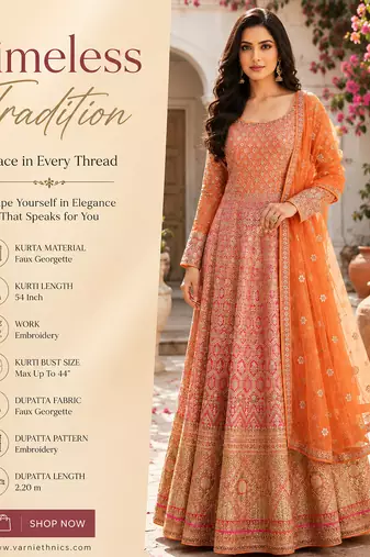 Luxury orange embroidered faux georgette anarkali free size stiched kurta set with dupatta for women