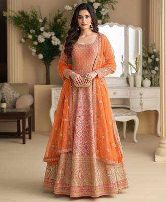 Luxury orange embroidered faux georgette anarkali free size stiched kurta set with dupatta for women 3