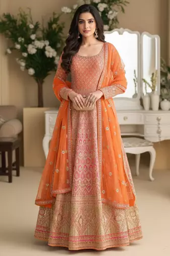 Luxury orange embroidered faux georgette anarkali free size stiched kurta set with dupatta for women
