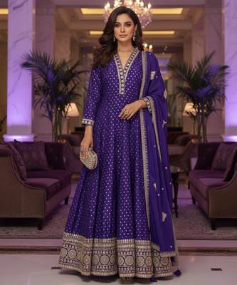 Royal purple embroidered heavy viscose anarkali free size stiched kurta set with dupatta for women 1