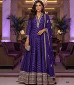 Royal purple embroidered heavy viscose anarkali free size stiched kurta set with dupatta for women