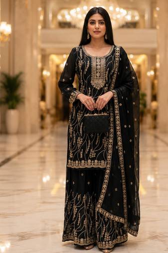 Black embroidered fandy silk stiched kurta sharara set with dupatta for women
