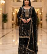 Black embroidered fandy silk stiched kurta sharara set with dupatta for women
