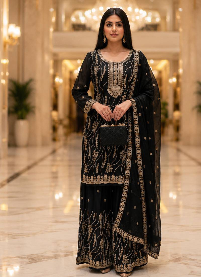 Black embroidered fandy silk stiched kurta sharara set with dupatta for women
