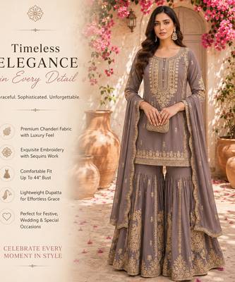 Grey embroidered chanderi free size stiched kurta sharara set with dupatta for women 2