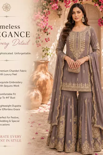 Grey embroidered chanderi free size stiched kurta sharara set with dupatta for women