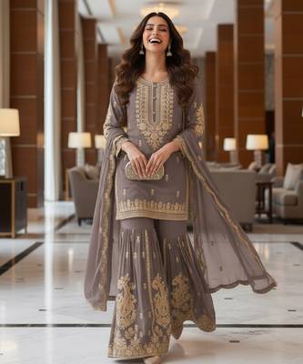 Grey embroidered chanderi free size stiched kurta sharara set with dupatta for women 3